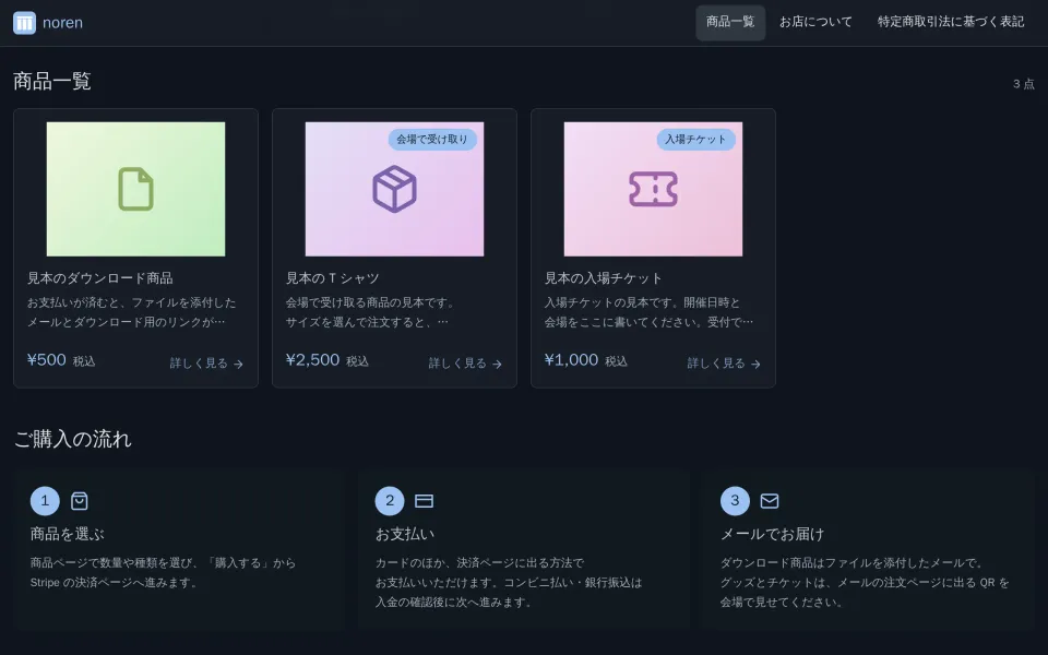 noren の商品一覧。見本のダウンロード商品・T シャツ (会場で受け取り)・入場チケットのカードが価格つきで並び、下に購入の流れの 3 段階がある