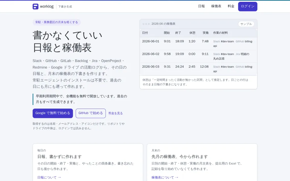 worklog のトップページ。Slack や GitHub のログから作った稼働表のサンプルが出ている